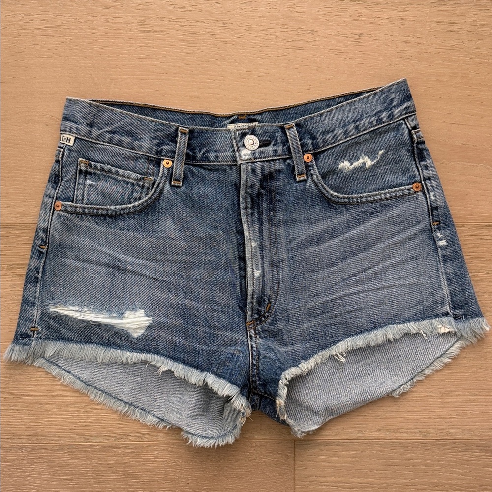 Citizens of Humanity Distressed Dark Blue Denim Jean Shorts
